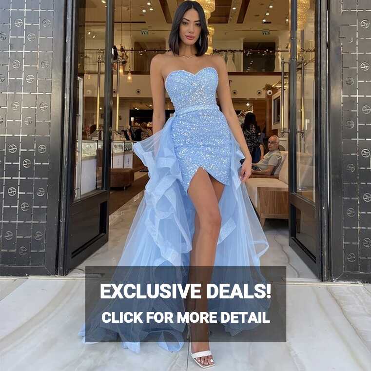 Detchable Tulle Train Blue Short Prom Dresses Sweetheart Sequins ...