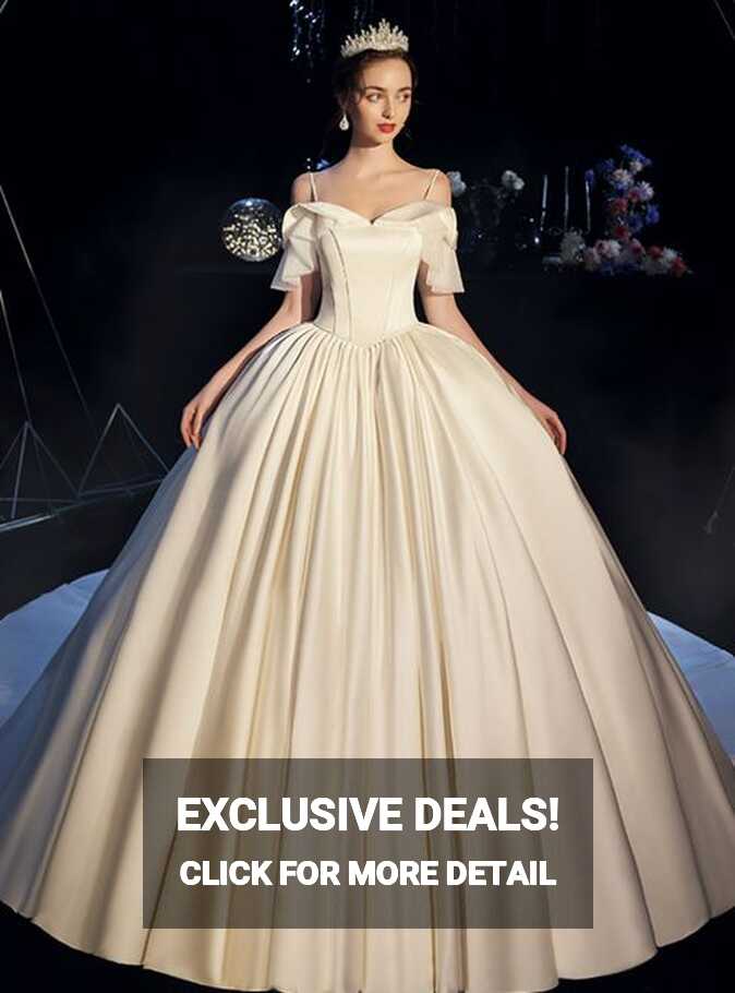 Discount Price $319 Simple Ball Gown Beige White Satin Spaghetti ...