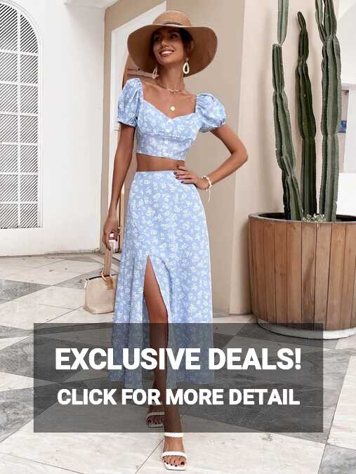 Ditsy Floral Puff Sleeve Crop Top &amp; Split Thigh Skirt Set