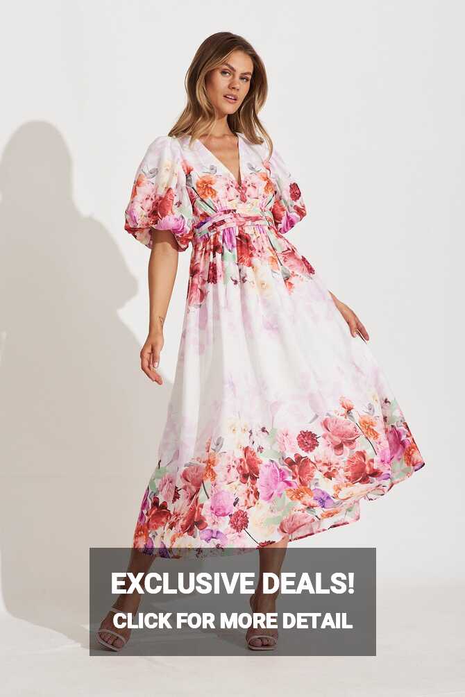 Divine Maxi Dress In White With Pink Multi Floral Print – St Frock