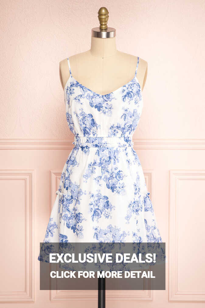 Draba Floral Blue &amp; White A-Line Short Dress | Boutique 1861