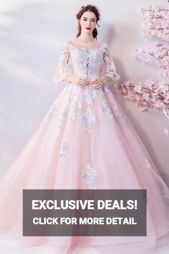 Dremy Princess Pink Ball Gown Formal Dress With Sleeves Sequins ...