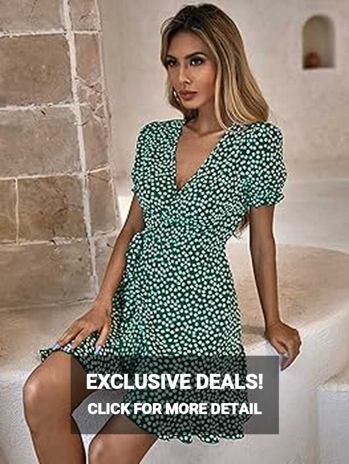 Dresses for Women 2023 Ruffle Hem Floral Wrap Short Dress V Neck ...