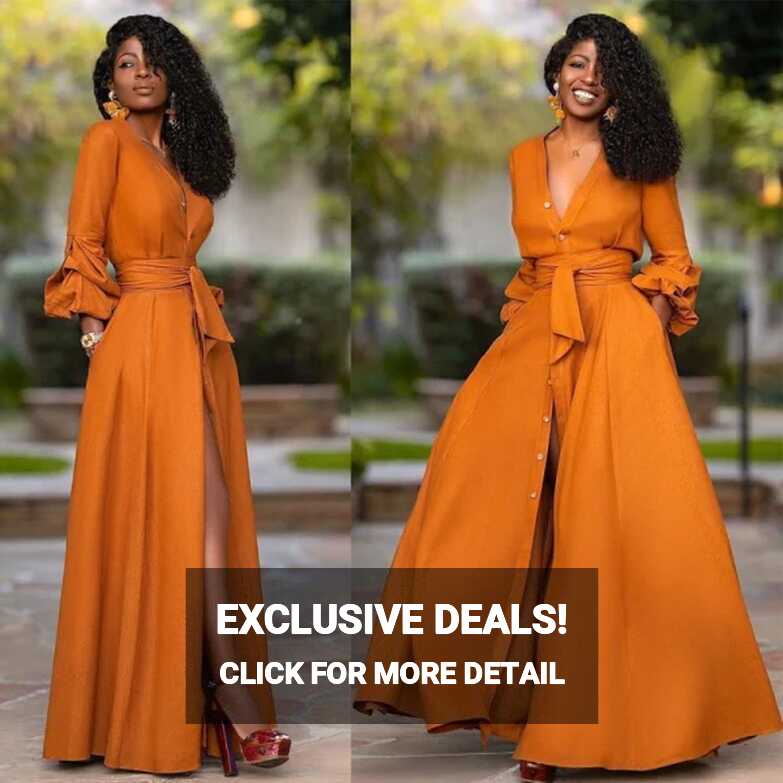 Dropship Elegant Split Maxi Dresses Women Autumn Deep V Neck Long ...