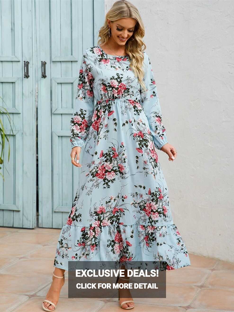 Dropship Floral Long Sleeve Maxi Dress; Long Sleeve Loose Crew ...