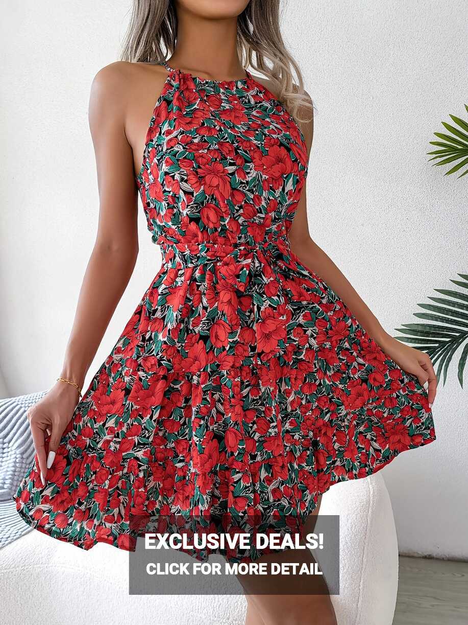 Dropship Floral Print Belted Beach Dress; Sleeveless Casual ...