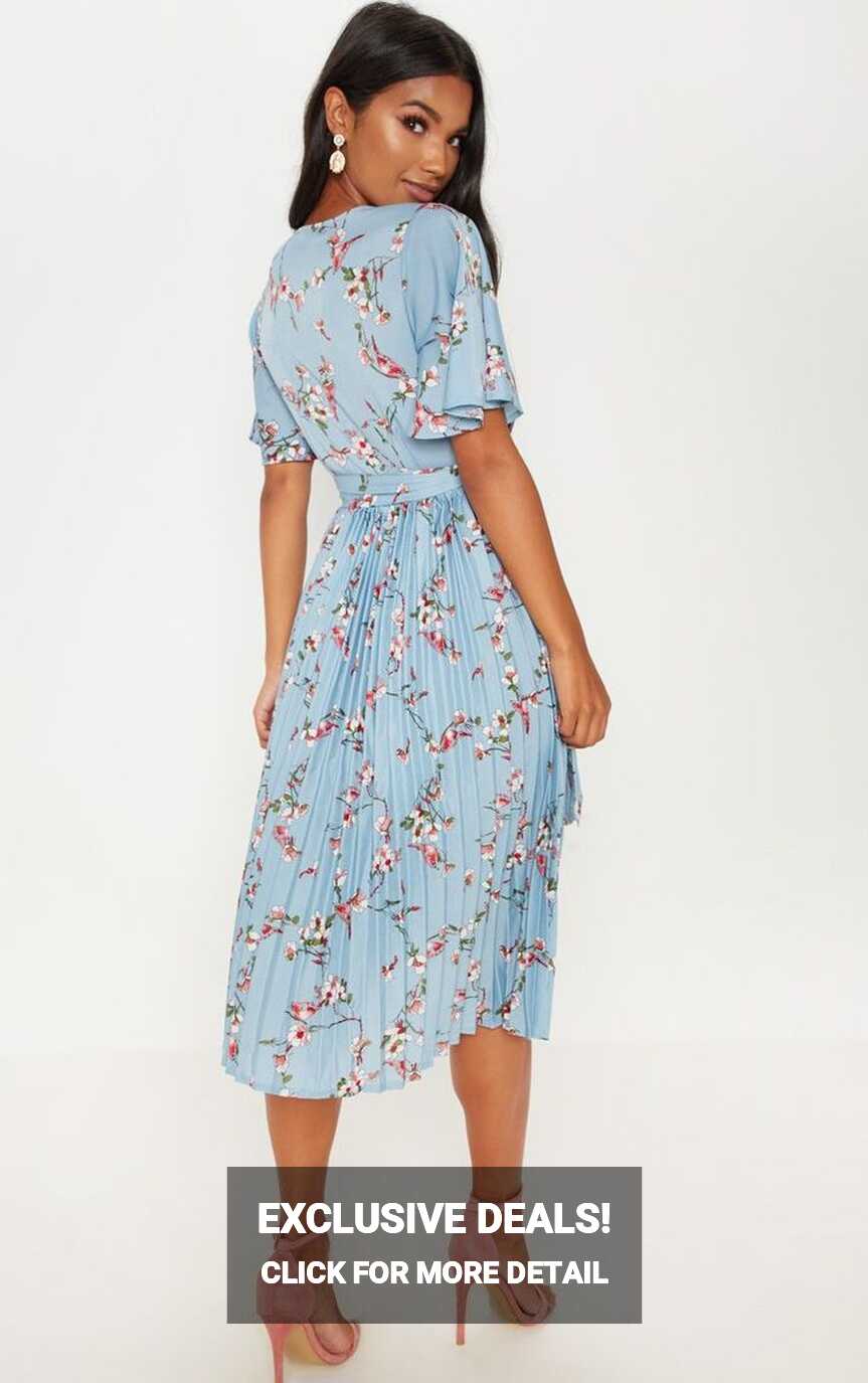 Dusty Blue Floral Pleated Midi Dress