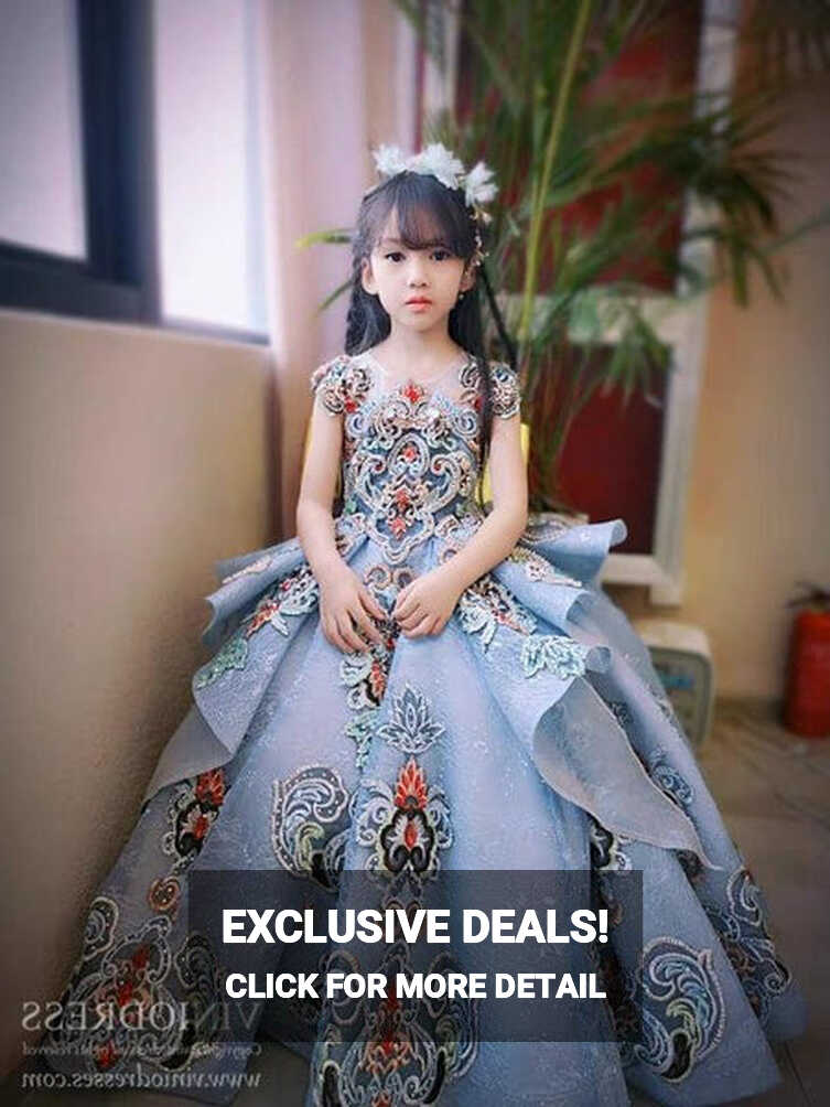 Dusty Blue Lace Ball Gown for Kids Beaded Princess Dresses FD2269C ...