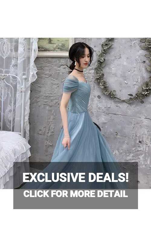 Dusty Blue Tulle Pleated Simple Prom Dress With Cap Sleeves ...