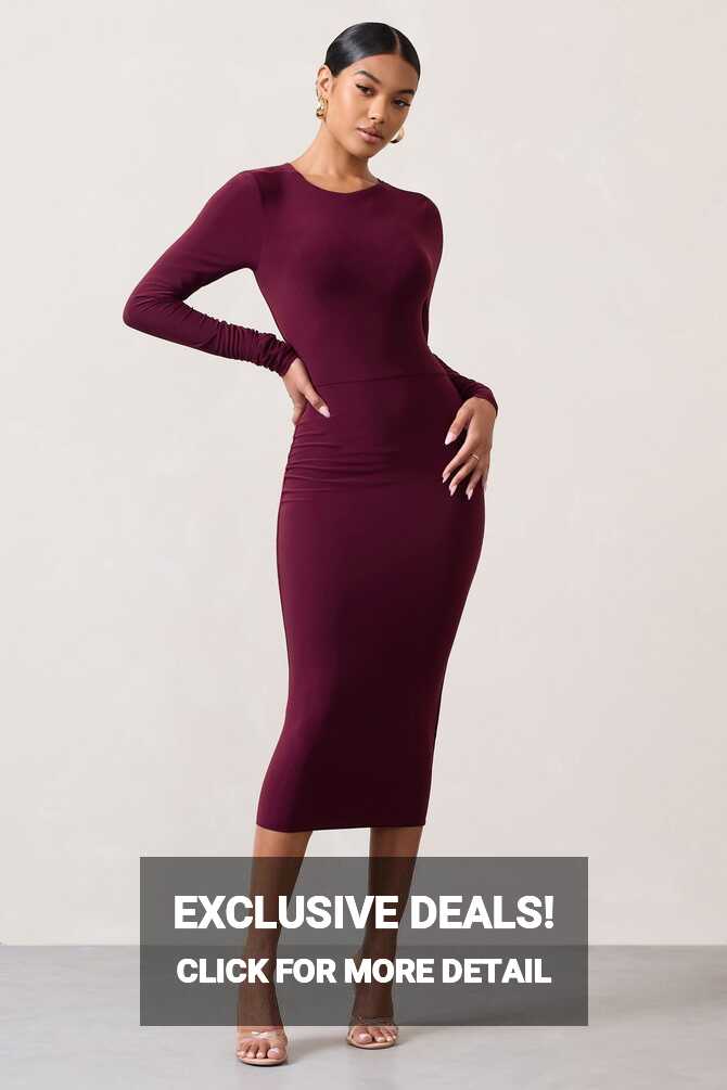 Dynasty Darling Burgundy Cowl-Neck Long-Sleeved Bodycon Midi Dress ...