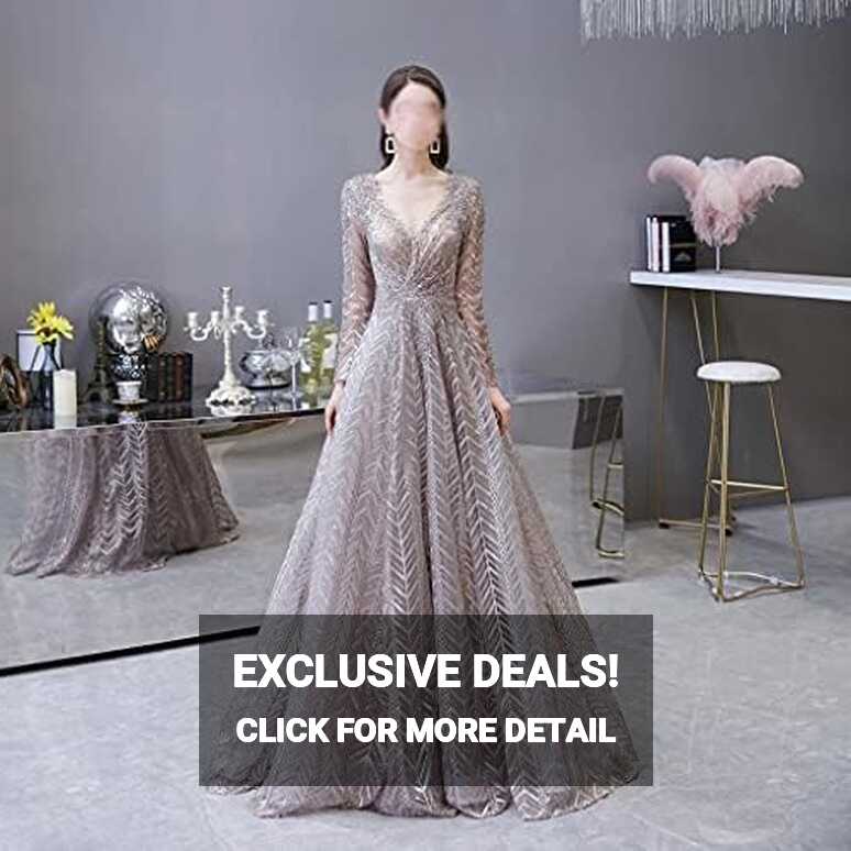 ECSWP Evening Dresses Lace V Neck Full Sleeves Crystal Long Ball ...