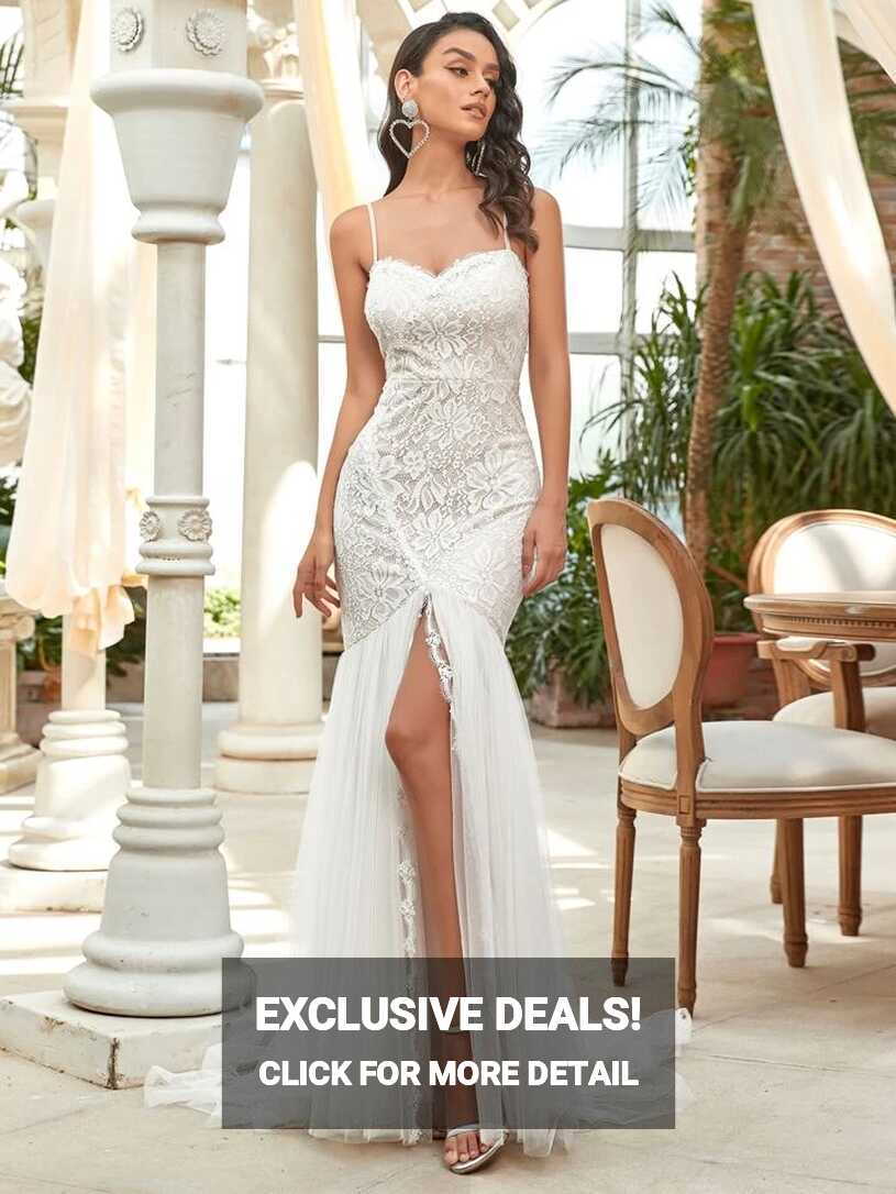 EVER-PRETTY Contrast Mesh Split Hem Floral Lace Cami Wedding Dress ...