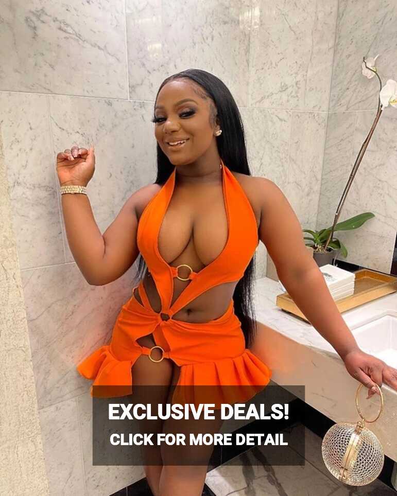 Echoine New Orange 2 Piece Set Halter Backless Mini Dress Ruffle ...