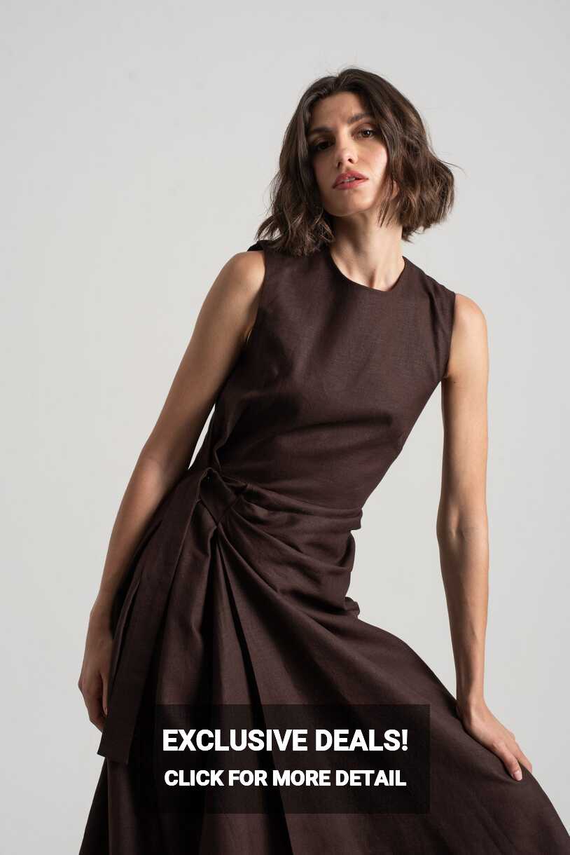 Eda Linen Midi Wrap Dress Brown Espresso – LUXMII