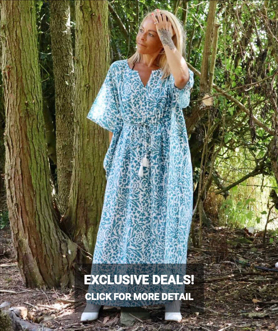 Eden bohemian printed cotton teal maxi kaftan//dress free ...