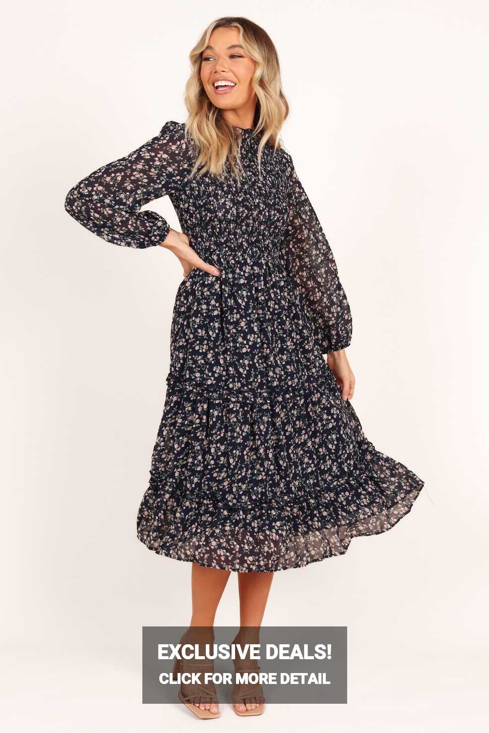 Edwina Shirred Frill Long Sleeve Midi Dress - Navy Floral - Petal ...