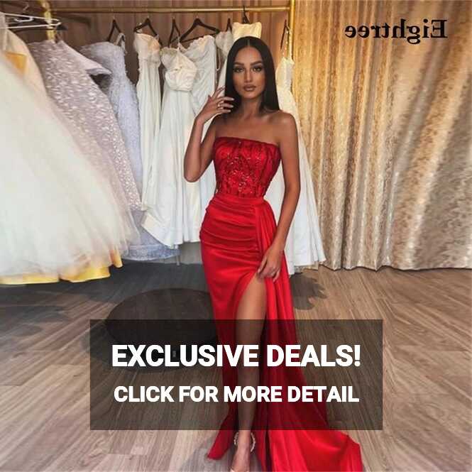 Eightree Red Mermaid Prom Dresses Strapless Sequined High Side ...