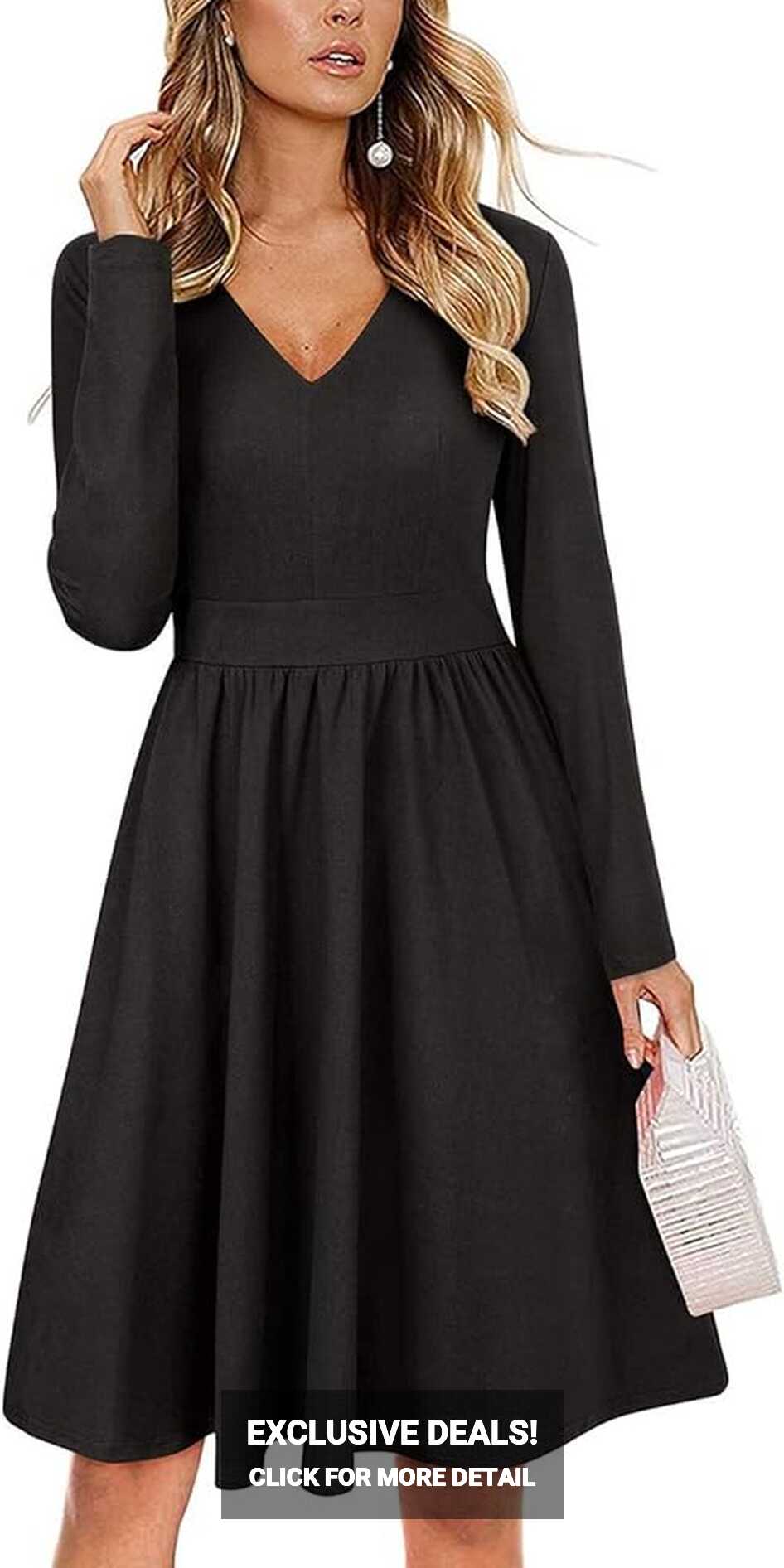 Ejoyous Women&#39;s V-Neck Long Sleeve Dress Solid Color Knee Length ...