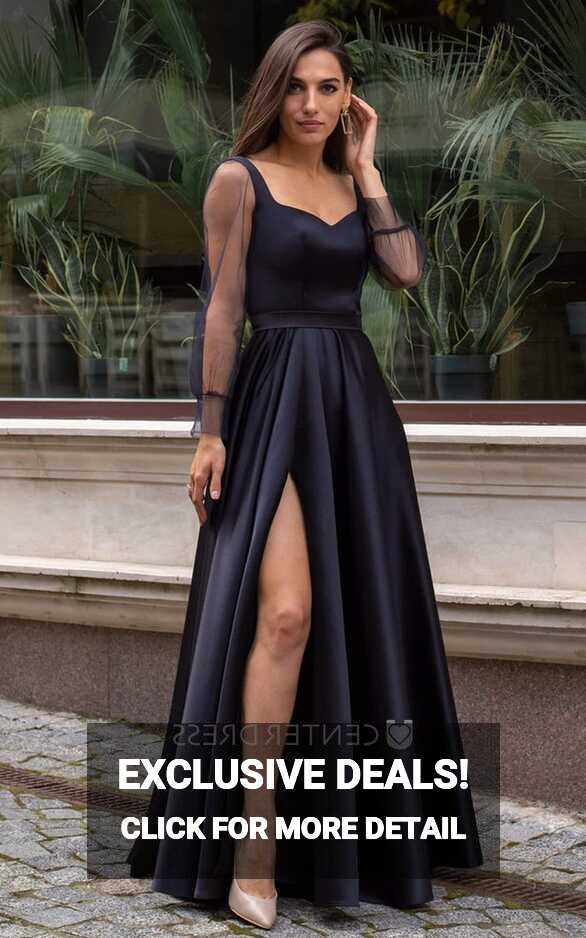 Elegant A Line Satin Floor-length Long Sleeve Formal Dress with ...