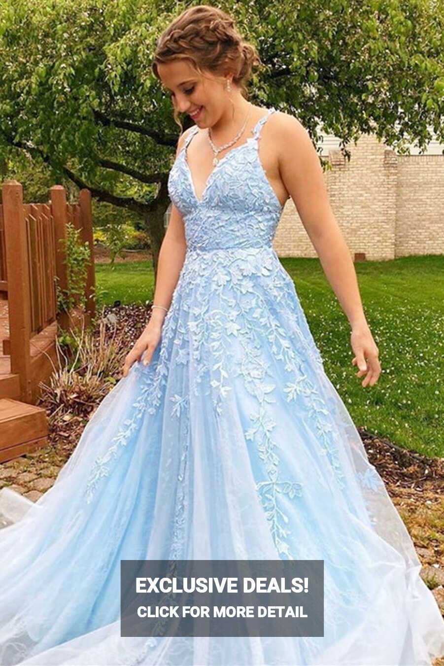 Elegant A-line Long Baby Blue Straps V-Neck Lace Prom Dress ...