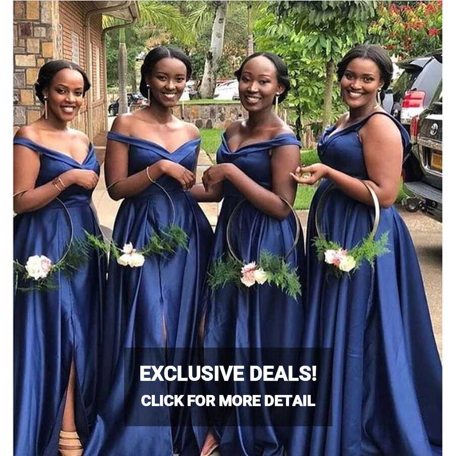 Elegant A-line Navy Blue V -neck Off the Shoulder Cheap Bridesmaid Dre