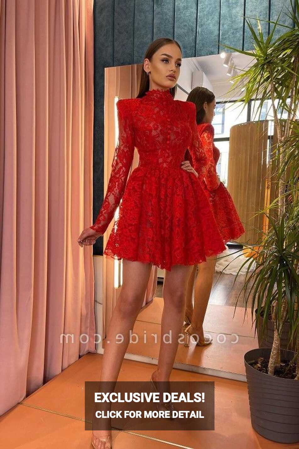 Elegant A-line Short Red Long Sleeves Lace Homecoming Dress