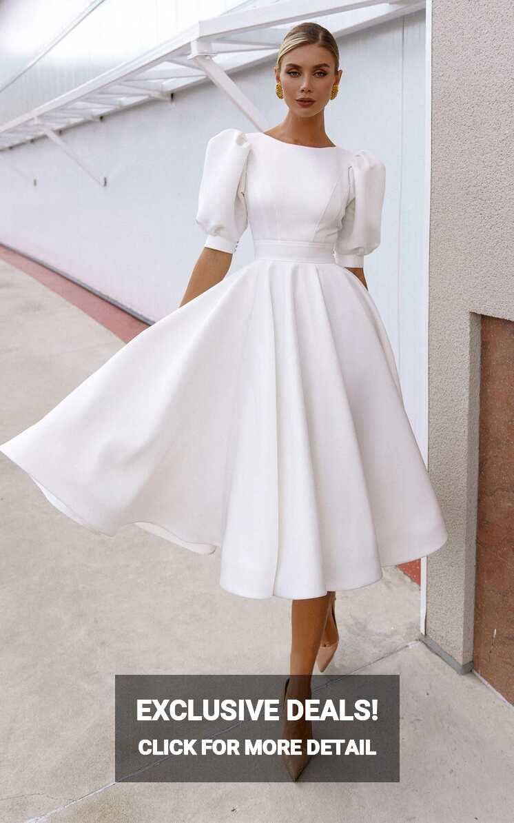 Elegant Bateau A Line Satin Knee-length Wedding Dress | KissProm