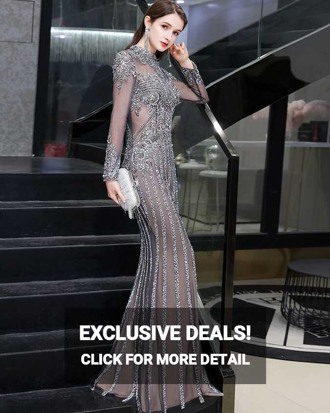 Elegant Beading High Neck Grey Evening Dress with Long Sleeves