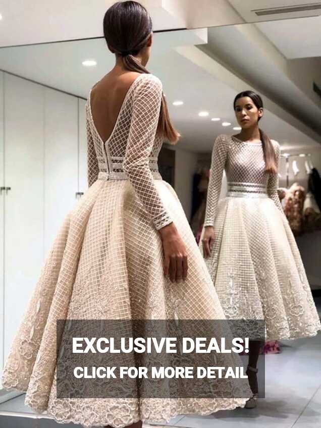 Elegant Bige Color Unique Lace Cocktail Dresses Full Sleeves V ...