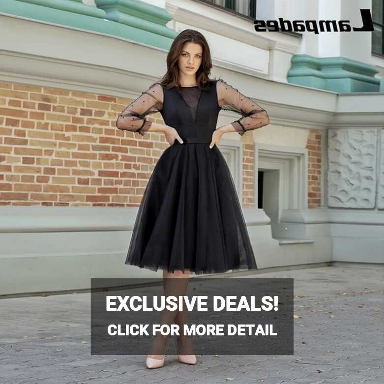 Elegant Black Prom Dress With Long Pearl Sleeves Tulle Knee Length ...