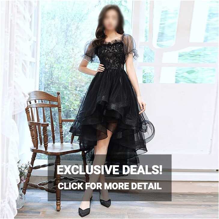 Elegant Black Prom Dresses Appliques Layered Tulle High Low Semi ...