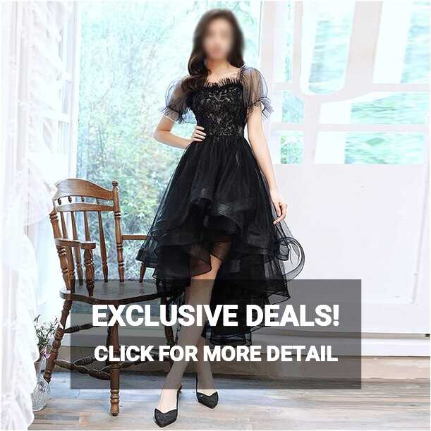 Elegant Black Prom Gowns Appliques Tiered Tulle High Low Semi ...