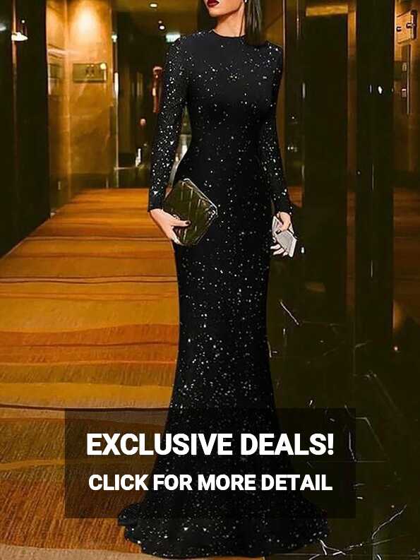 Elegant Black Round Neck Long Sleeves Evening Dress, Mermaid ...