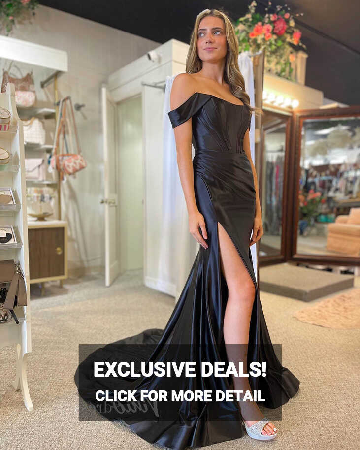 Elegant Black Satin Prom Dresses with Slit Off the Shoulder ...