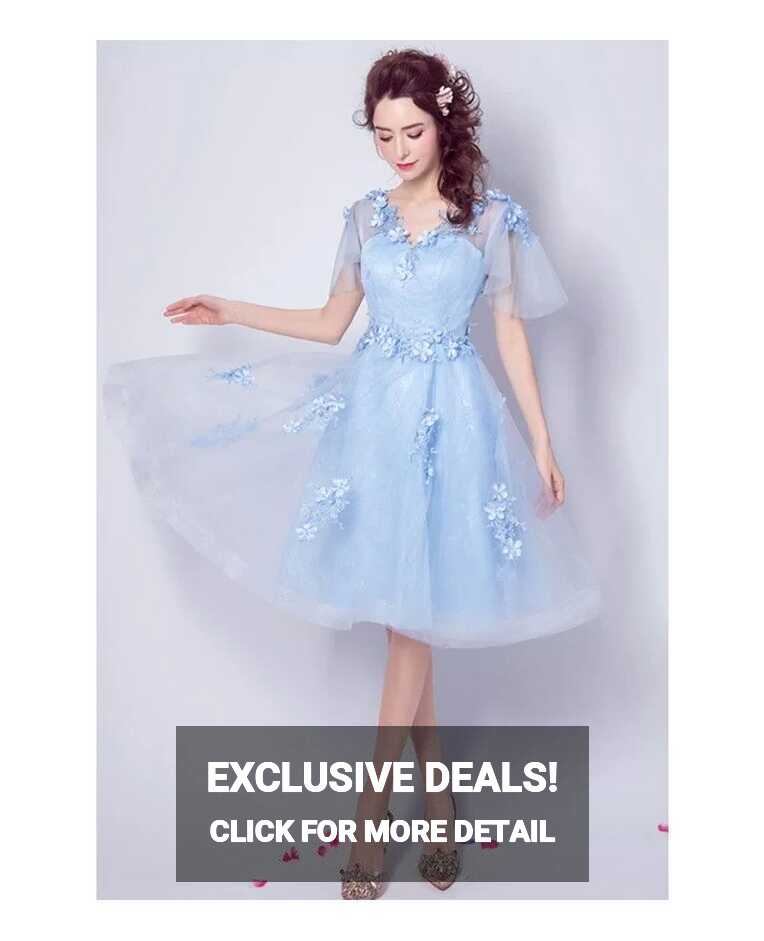 Elegant Blue Knee Length Tulle Homecoming Dress Flowy A-line V ...