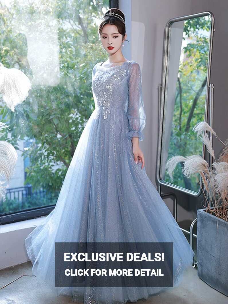 Elegant Blue Party Dress French Square Collar Long Sleeve Prom ...