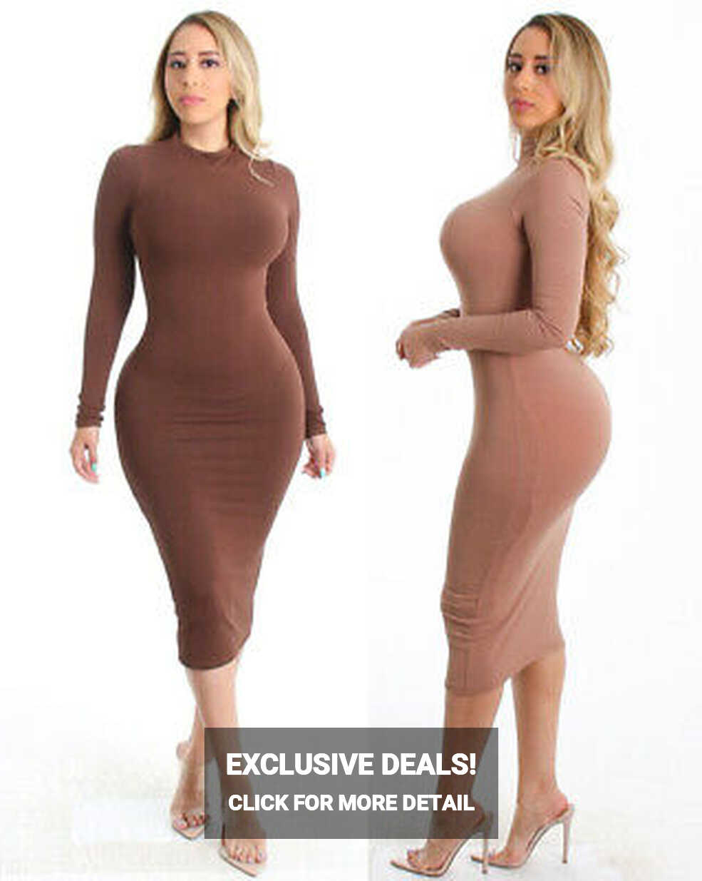 Elegant Bodycon Crew Neck Long Sleeve Soft Lining Midi Dress ...