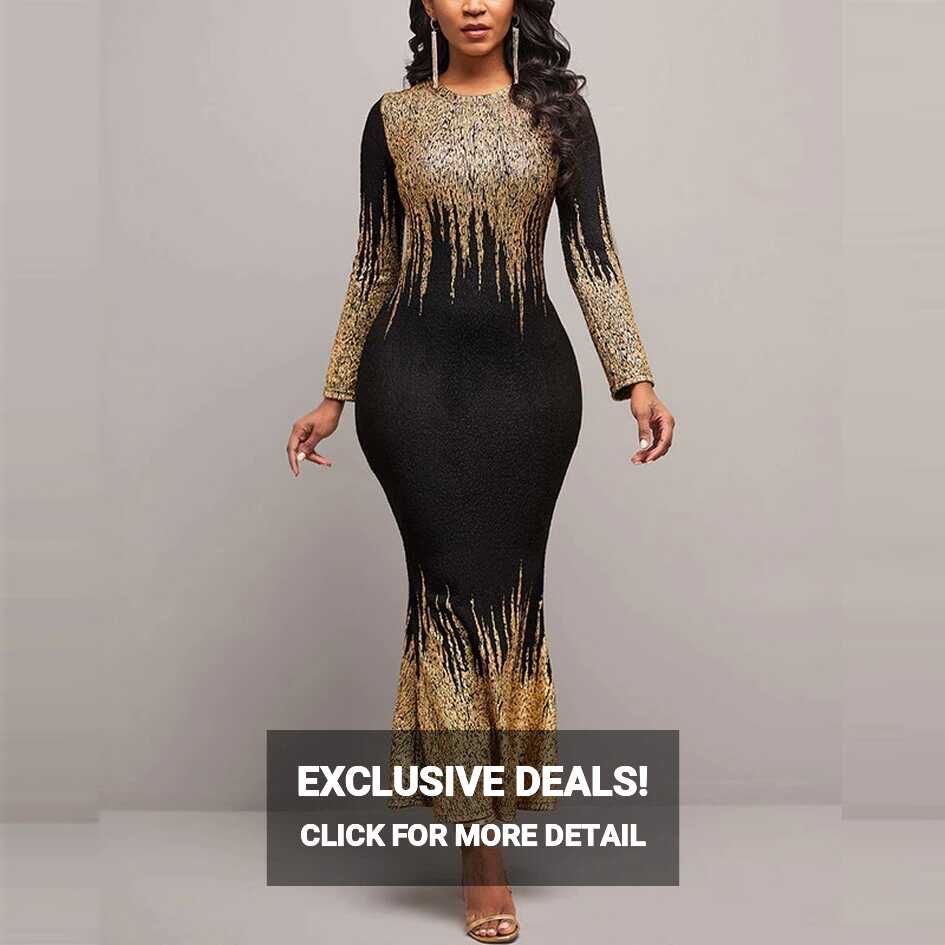 Elegant Bronzing Glitter Long Dress for Women O Neck Long Sleeve ...