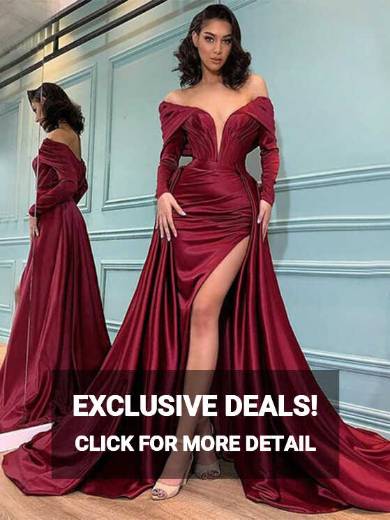 Elegant Burgundy V-neck Off-shoulder Side-slit Detachable Mermaid ...