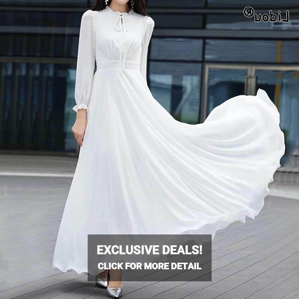 Elegant Casual O-neck Long Sleeve White Slender Dresses Spring ...