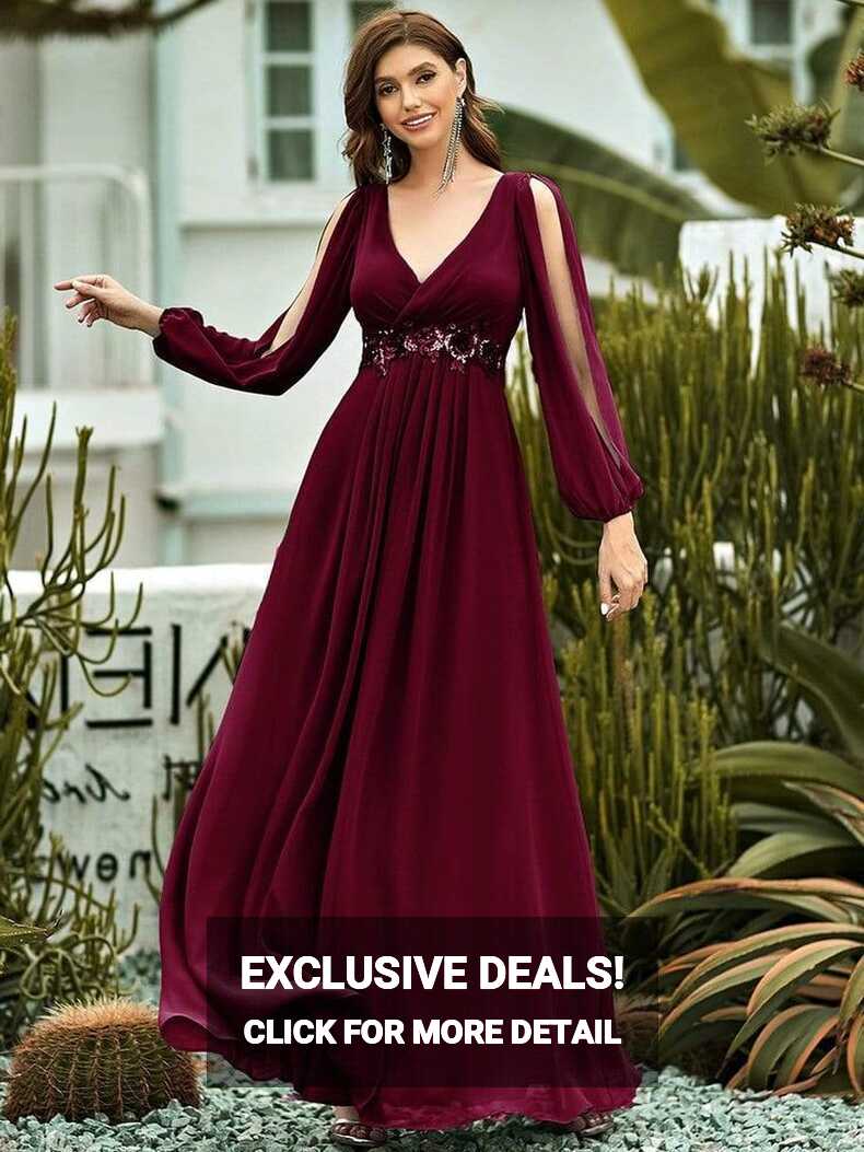 Elegant Chiffon V-Neckline Long Sleeve Formal Evening Dress ...