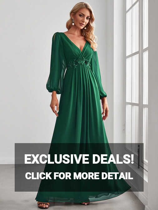 Elegant Chiffon V-Neckline Long Sleeve Formal Evening Dress | eBay