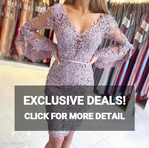 Elegant Cocktail Dresses Sheath V-neck Long Sleeves Knee Length ...