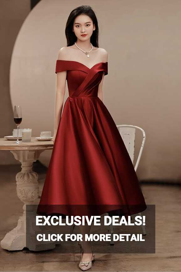 Elegant Dark Red Satin Tea Length Bridesmaid Dress, Wine Red Short ...