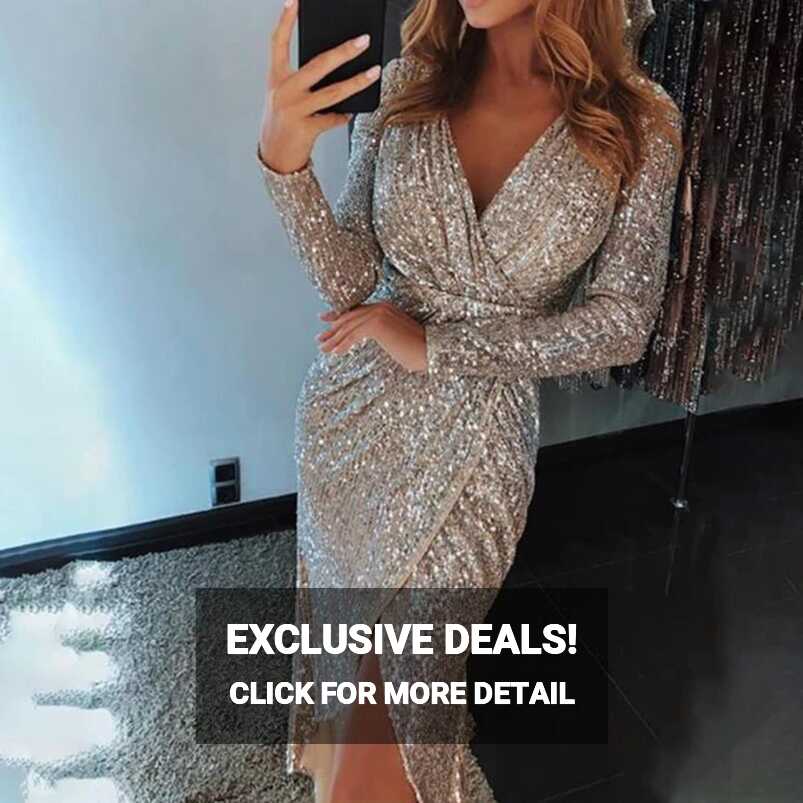 Elegant Dress Sequined Glitter Party Dress Women Sexy V Neck ...