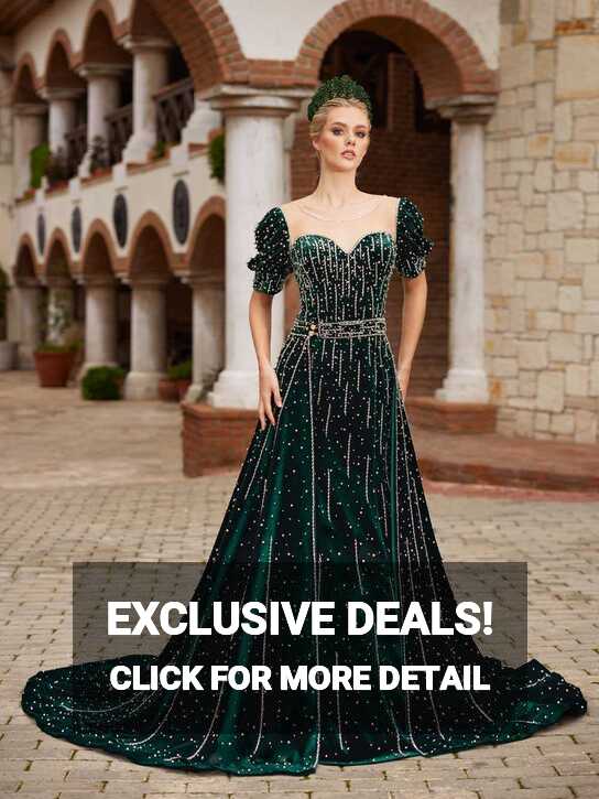 Elegant Emerald Green Velvet Sequin Beaded Long Evening Dress ...