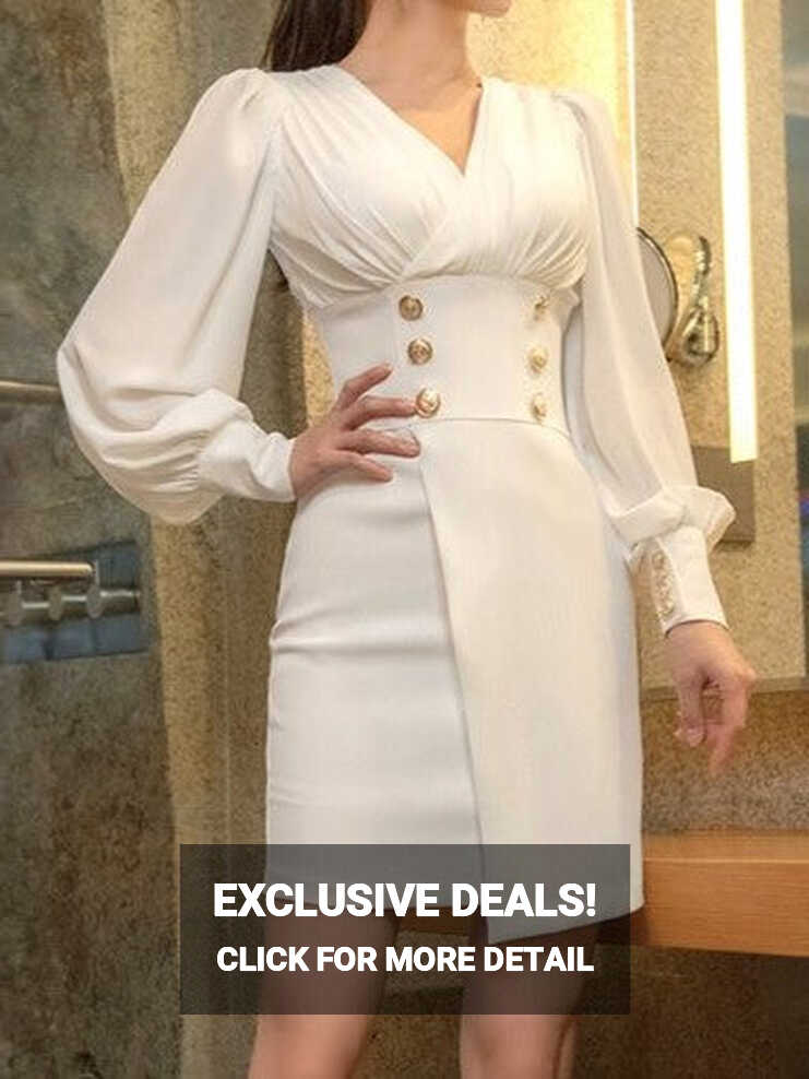 Elegant Fashion Button Decor Pencil White Bodycon Dress – Stylesplash