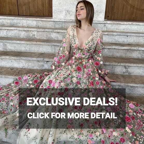 Elegant Floral Tulle Prom Dresses Long Sleeves V-Neck Lace ...