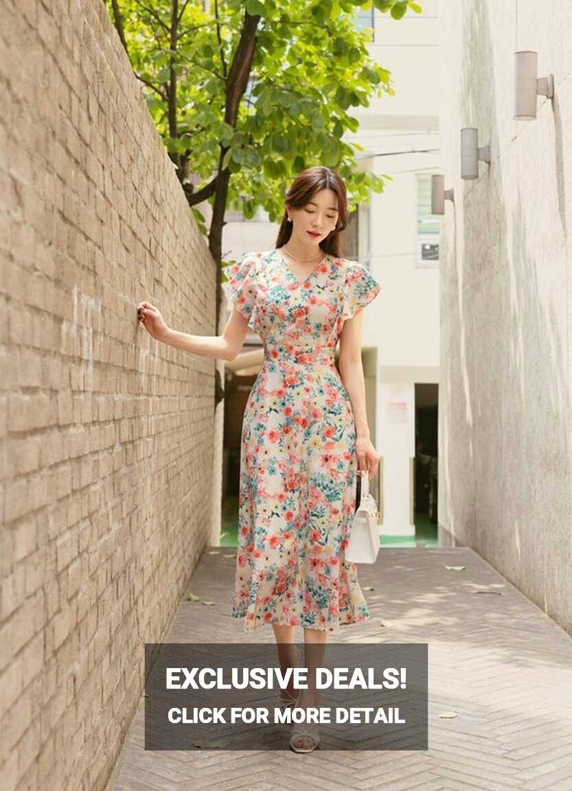 Elegant Floral Vintage Midi Dress Korean Style Summer Dress ...