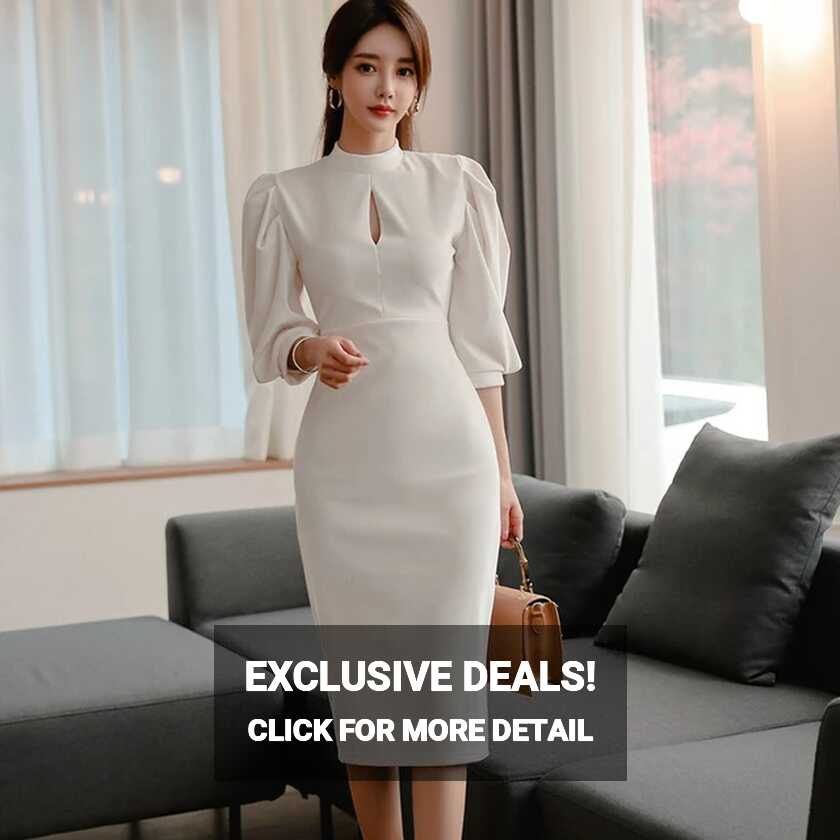 Elegant Formal Dress Simple Style White Puff Sleeve Pencil Dress ...